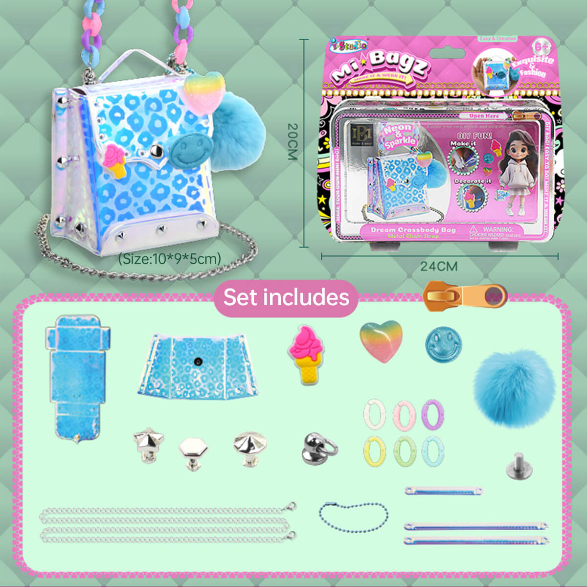 Best Girls Toy DIY Mini Bag Making Kit by HugmieToys, featuring a stylish blue and white patterned mini handbag with accessories for creative crafting.