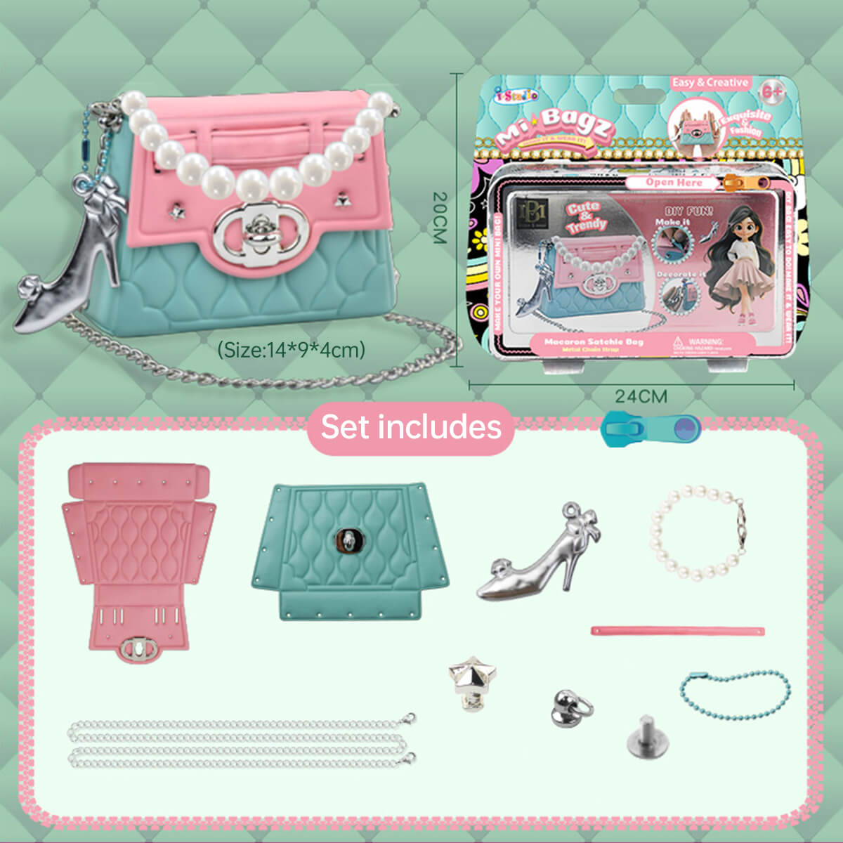 Best Girls Toy DIY Mini Bag Making Kit by HugmieToys. Includes quilted bag pieces, pearl handle, chain strap, charms, and accessories for creative crafting.