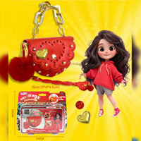 Best Girls Toy DIY Mini Bag Making Kit by HugmieToys featuring a red studded mini saddle bag with gold chain, heart embellishment, and fluffy pompom. Includes crafting accessories and a stylish doll illustration for creative kids.