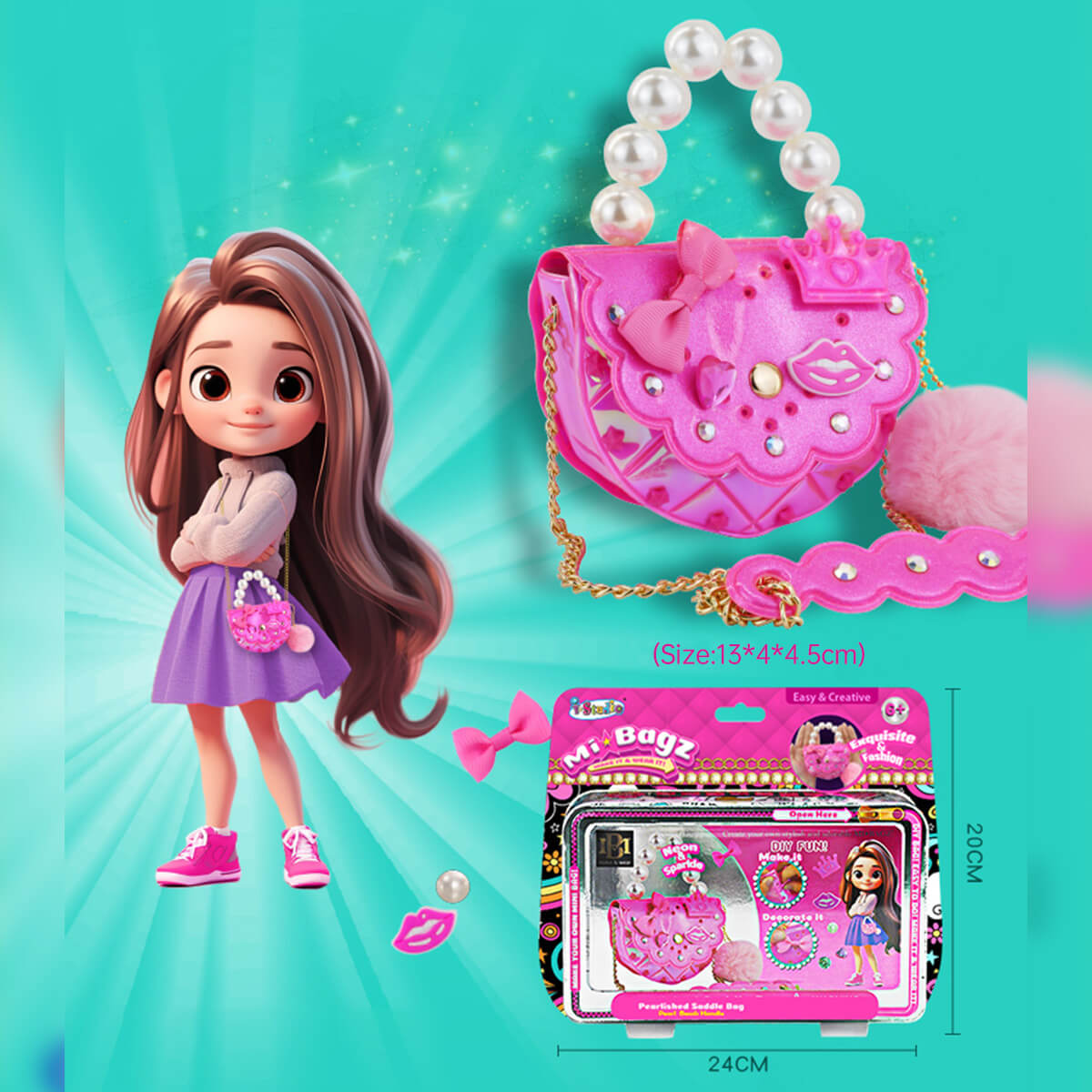 Best Girls Toy DIY Mini Bag Making Kit by HugmieToys. Create a stylish pink handbag with pearl handle, charms, and accessories. Perfect for kids' creative play.