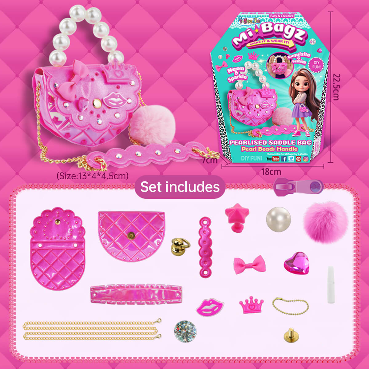 Best Girls Toy DIY Mini Bag Making Kit by HugmieToys. Includes pink pearl-handle bag, decorative charms, and crafting accessories for creative fun.