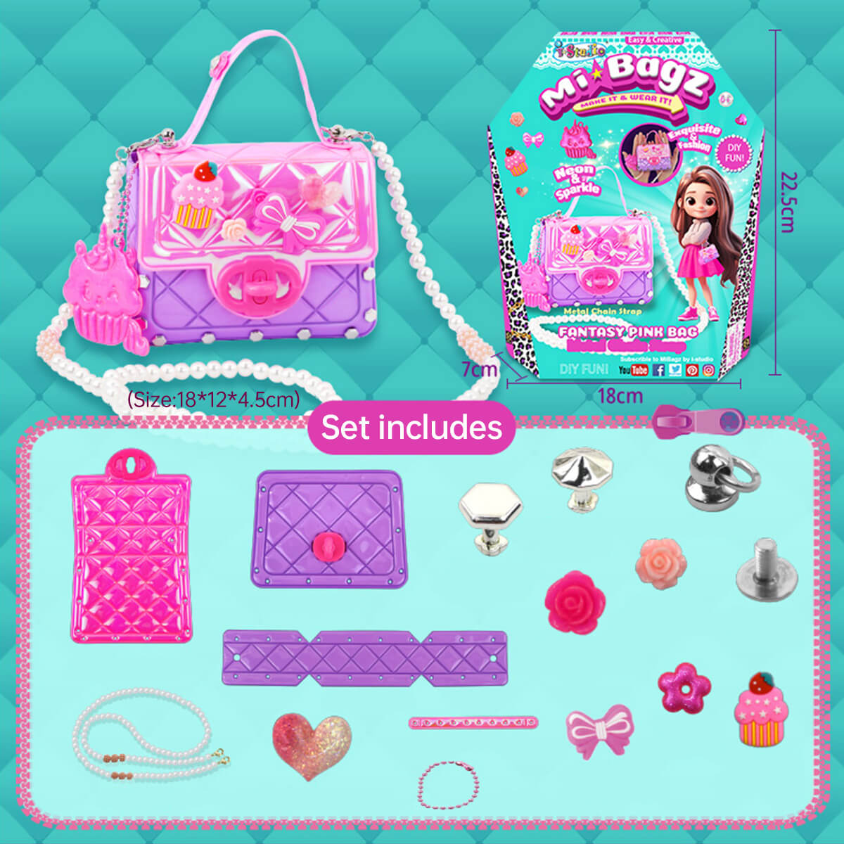 Best Girls Toy DIY Mini Bag Making Kit by HugmieToys, featuring a pink and purple handbag with pearl strap, decorative charms, and crafting accessories.