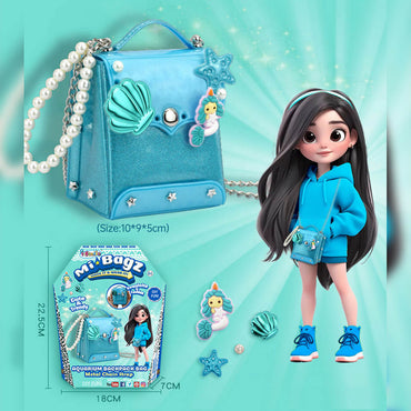 DIY Mini Bag Making Kit for girls featuring a blue mermaid-themed backpack. Fun and easy craft set to design a trendy handbag with decorative accessories.