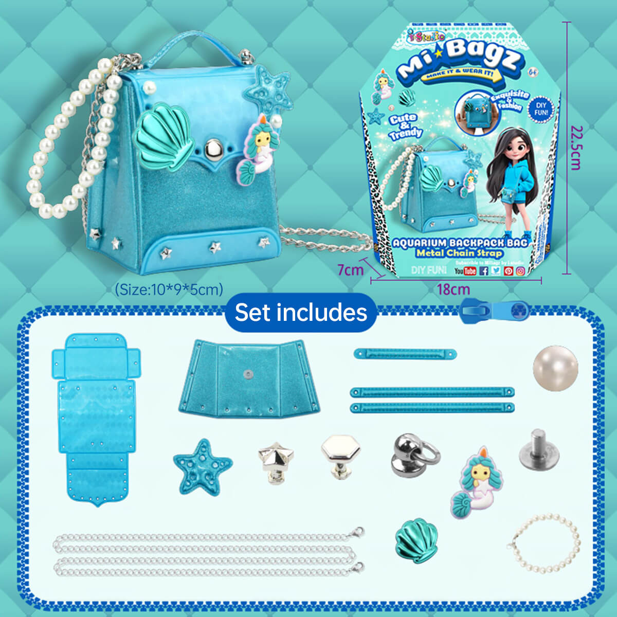 Best Girls Toy DIY Mini Bag Making Kit by HugmieToys. Create a stylish blue aquarium-themed backpack with pearl and chain straps, perfect for kids' creativity.