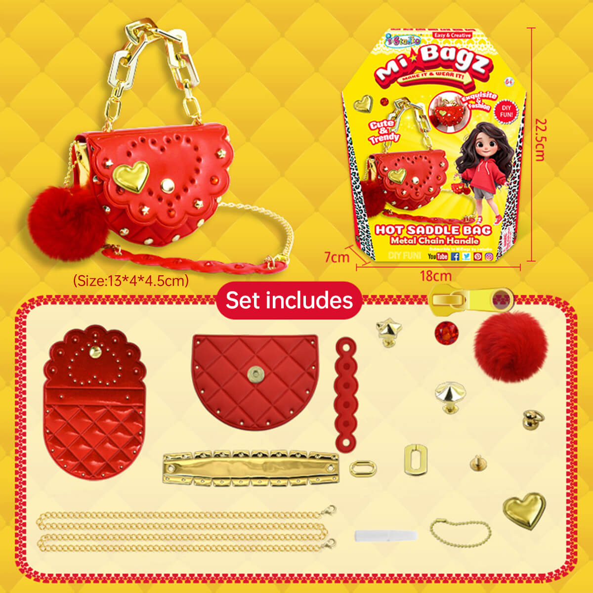 Best Girls Toy DIY Mini Bag Making Kit by HugmieToys. Create a stylish red mini handbag with gold chain and heart details. Perfect for kids' creative play.