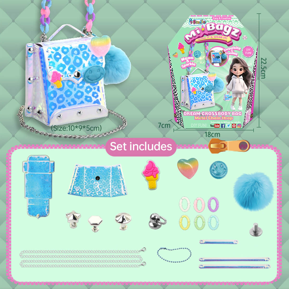 Best Girls Toy DIY Mini Bag Making Kit by HugmieToys, featuring a stylish crossbody bag with metal chain strap, charms, and crafting accessories.