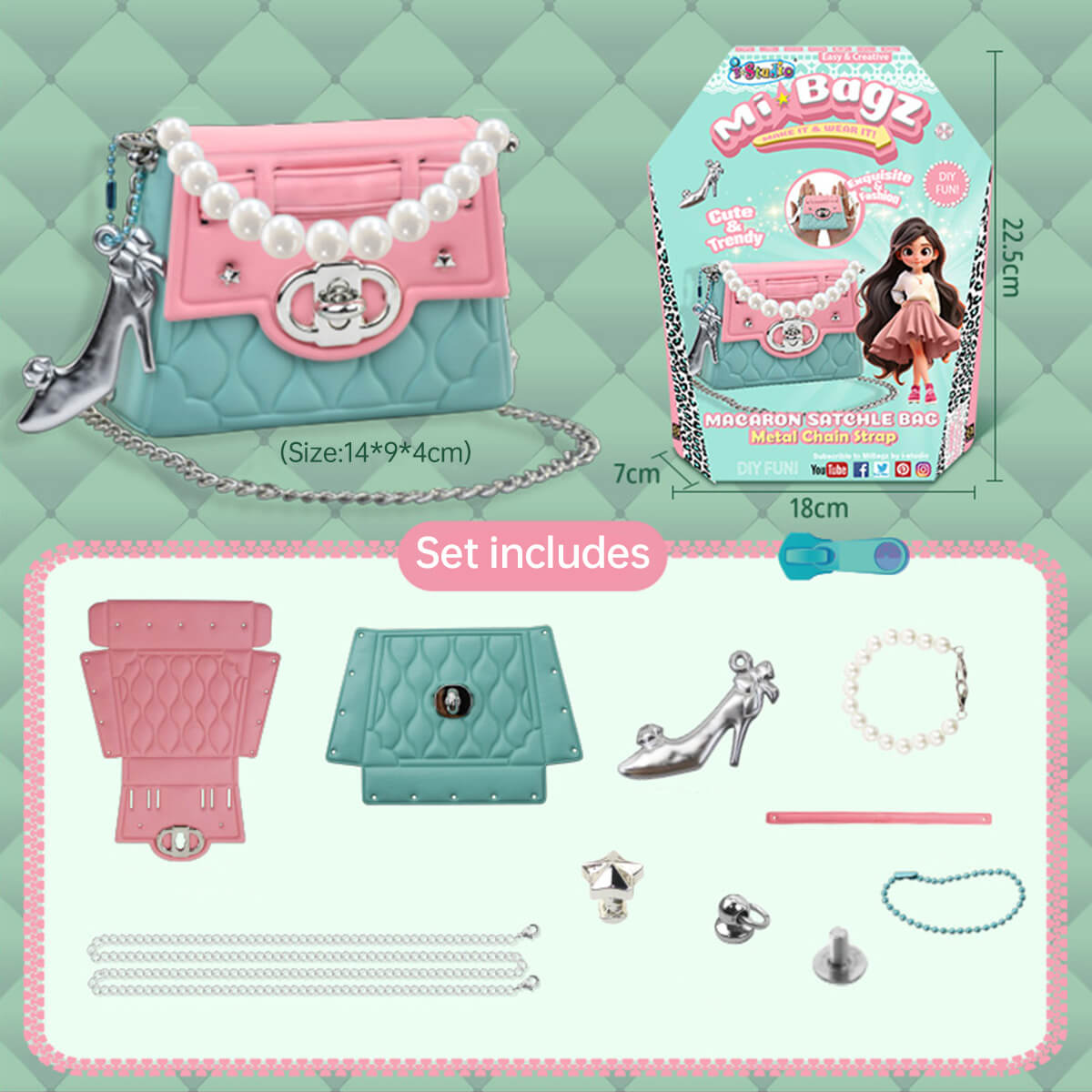 Best Girls Toy DIY Mini Bag Making Kit by HugmieToys. Includes stylish materials to craft a fashionable macaron satchel bag with pearl chain strap.