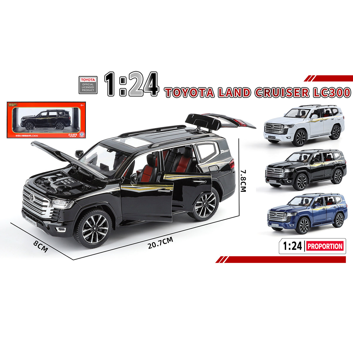 QY Toys 1:24 Alloy Die-Cast Toyota Land Cruiser LC300 Model in black with realistic design and openable doors, perfect for SUV toy collectors.