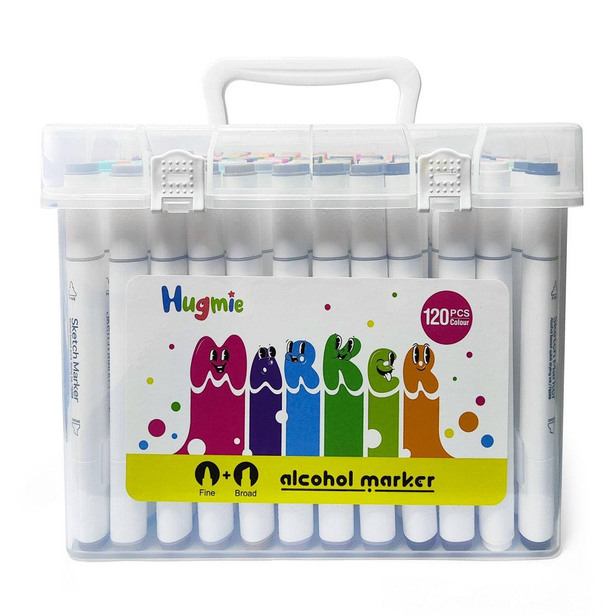 HugmieToys 120-piece Double Tipped Permanent Marker Pens set in a durable carrying case. A complete set for artists and designers.