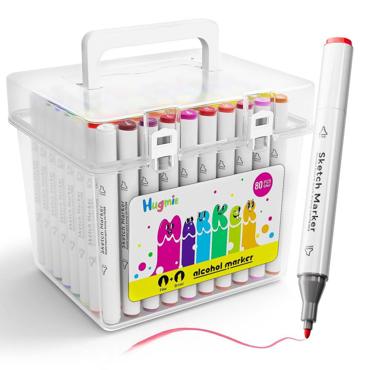 HugmieToys 80-piece Double Tipped Permanent Marker Pens set in a transparent carrying case. Features fine and broad tips for versatile use.