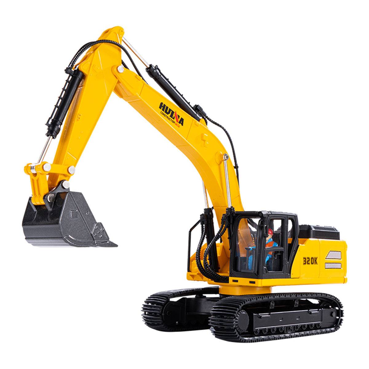 Huina 1:35 alloy excavator model with realistic details and movable parts, ideal for collectors and kids. Durable construction for interactive play.