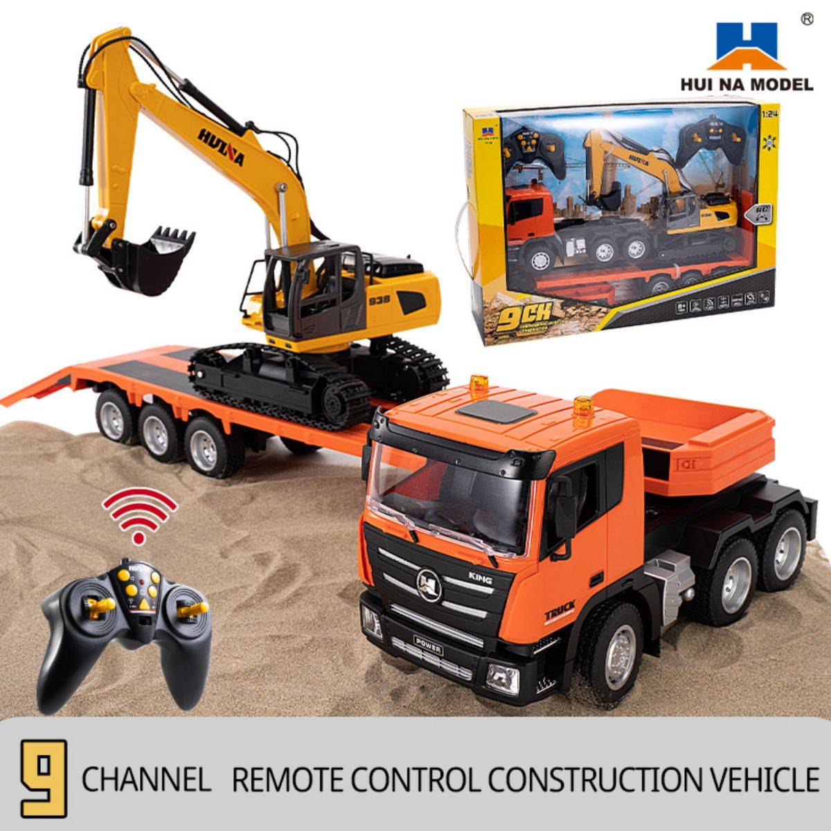 Huina 1319 1:18 Remote Control Flatbed Trailer and Excavator Set-HugmieToys