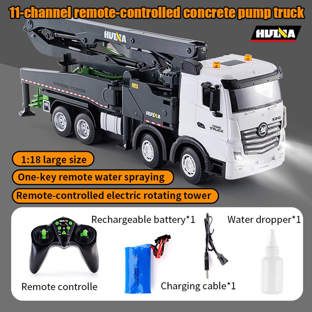 Huina 1381 Remote Control Concrete Pump Truck with 11-channel controls, rechargeable battery, and water spraying function for interactive play.