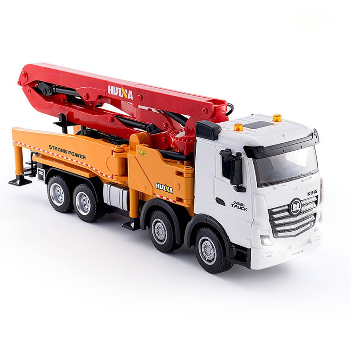 Huina 1381 1:18 Remote Control Concrete Pump Truck with realistic design, featuring a red and yellow pump arm, detailed cabin, and sturdy wheels.