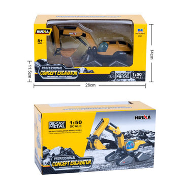 Huina 1703 1:50 I9 Concept Diecast Metal Excavator Model in its original packaging, featuring a clear display window and professional concept excavator branding.