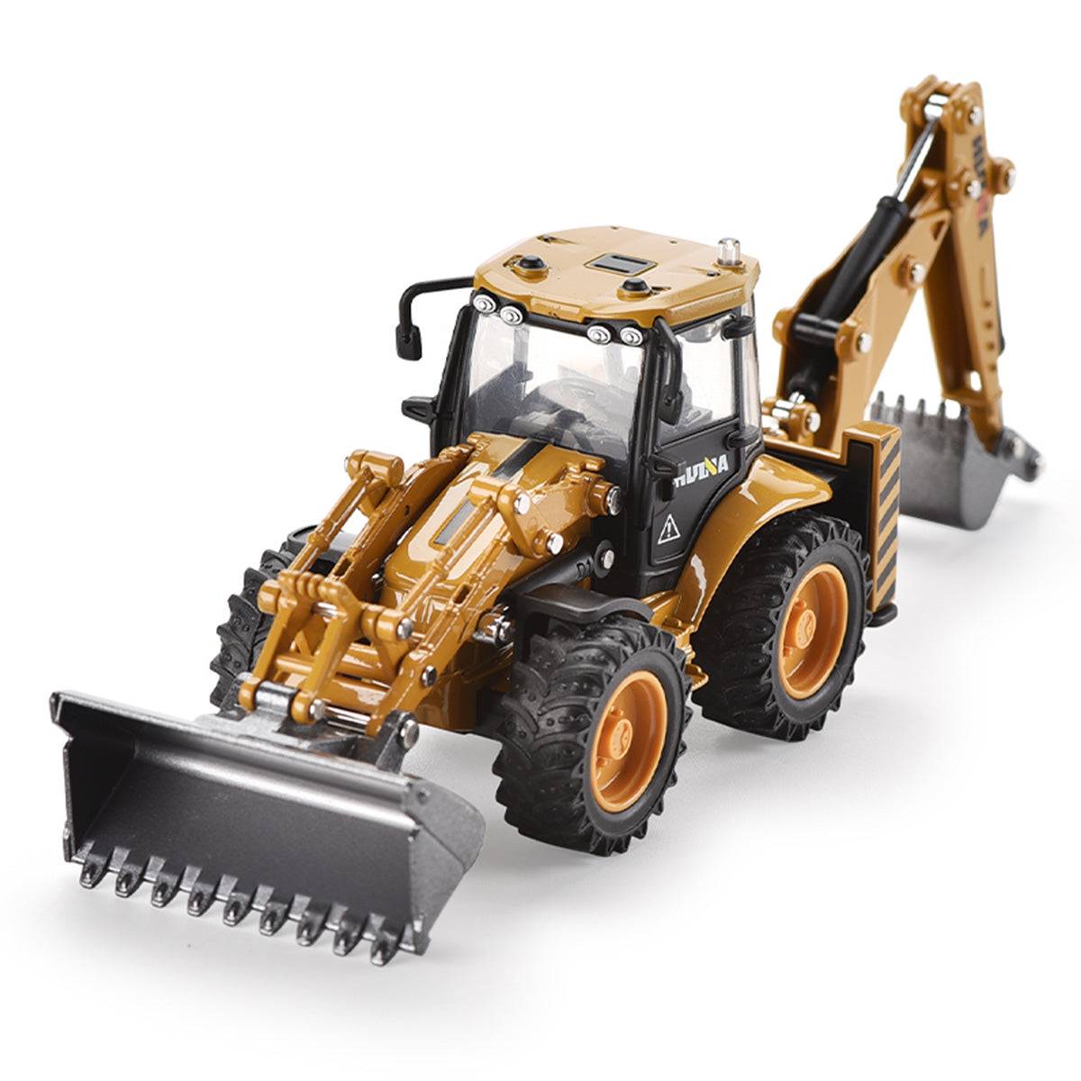 Huina 1704 1:50 Alloy Backhoe Loader Static Model with realistic details, movable structures, and durable alloy construction for collectors.