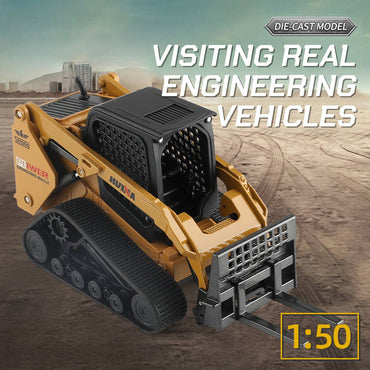 Die-cast Huina 1706 1:50 Alloy Static Tracked Bobcat model showcasing realistic engineering vehicle design, ideal for display and collection.