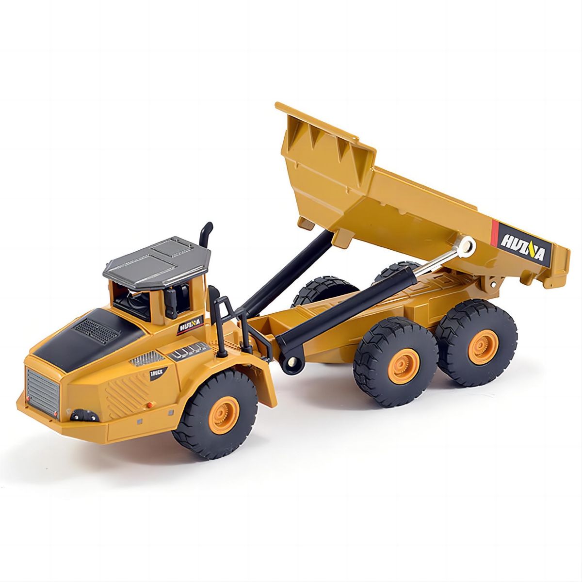 Huina 1712 1:50 Alloy Articulated Dump Truck Static Model with realistic design and movable hydraulic rod. Perfect for collectors and kids.