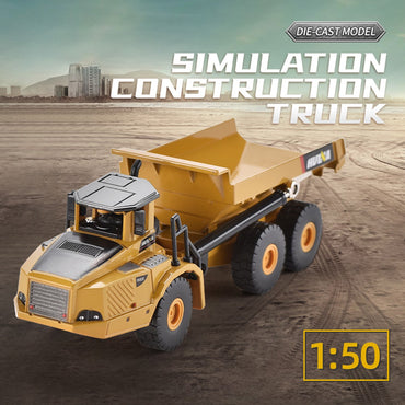 Die-cast Huina 1712 1:50 Alloy Articulated Dump Truck Static Model on a construction site background. A durable and detailed collectible toy.