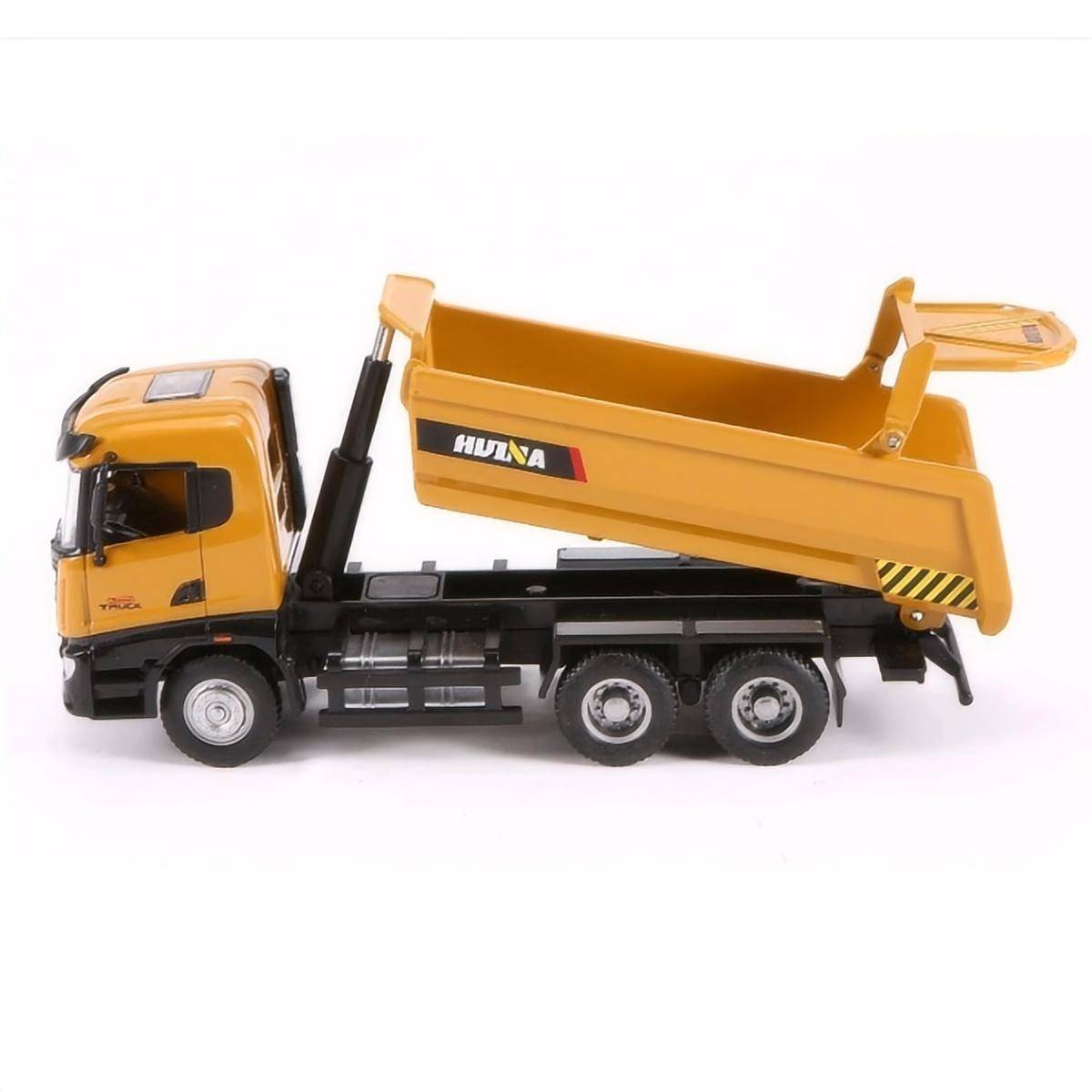 Huina 1718 1:50 alloy static dump truck with a raised dump bed, showcasing realistic detailing and durable metal construction.