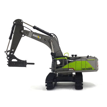 Side view of the Huina 1723 1:50 Alloy Drill Excavator Static Model showcasing its articulated arm and drill attachment. A perfect collectible construction vehicle.