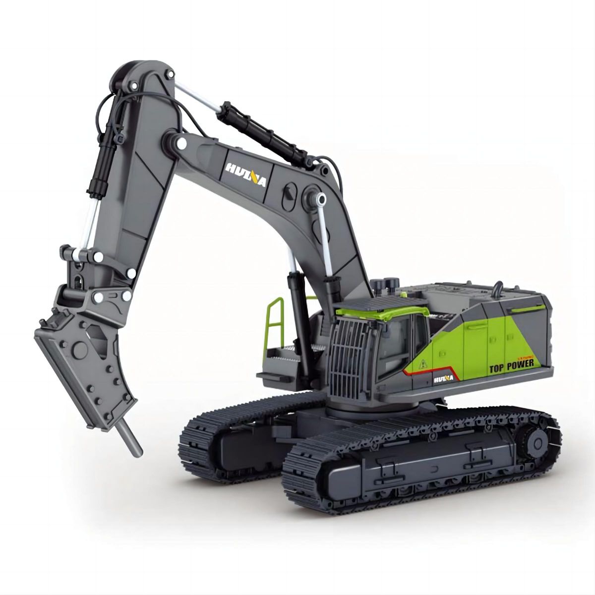 Huina 1723 1:50 Alloy Drill Excavator Static Model featuring a realistic design with a metal body and detailed construction. Ideal for collectors and kids.