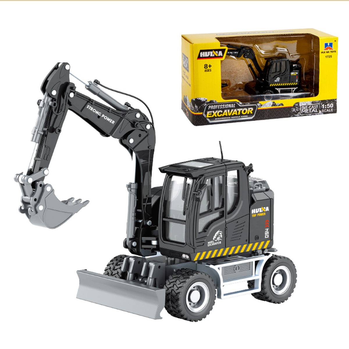 Huina 1725 1:50 Semi-Alloy Wheel Three-Section Arm Excavator Static Model