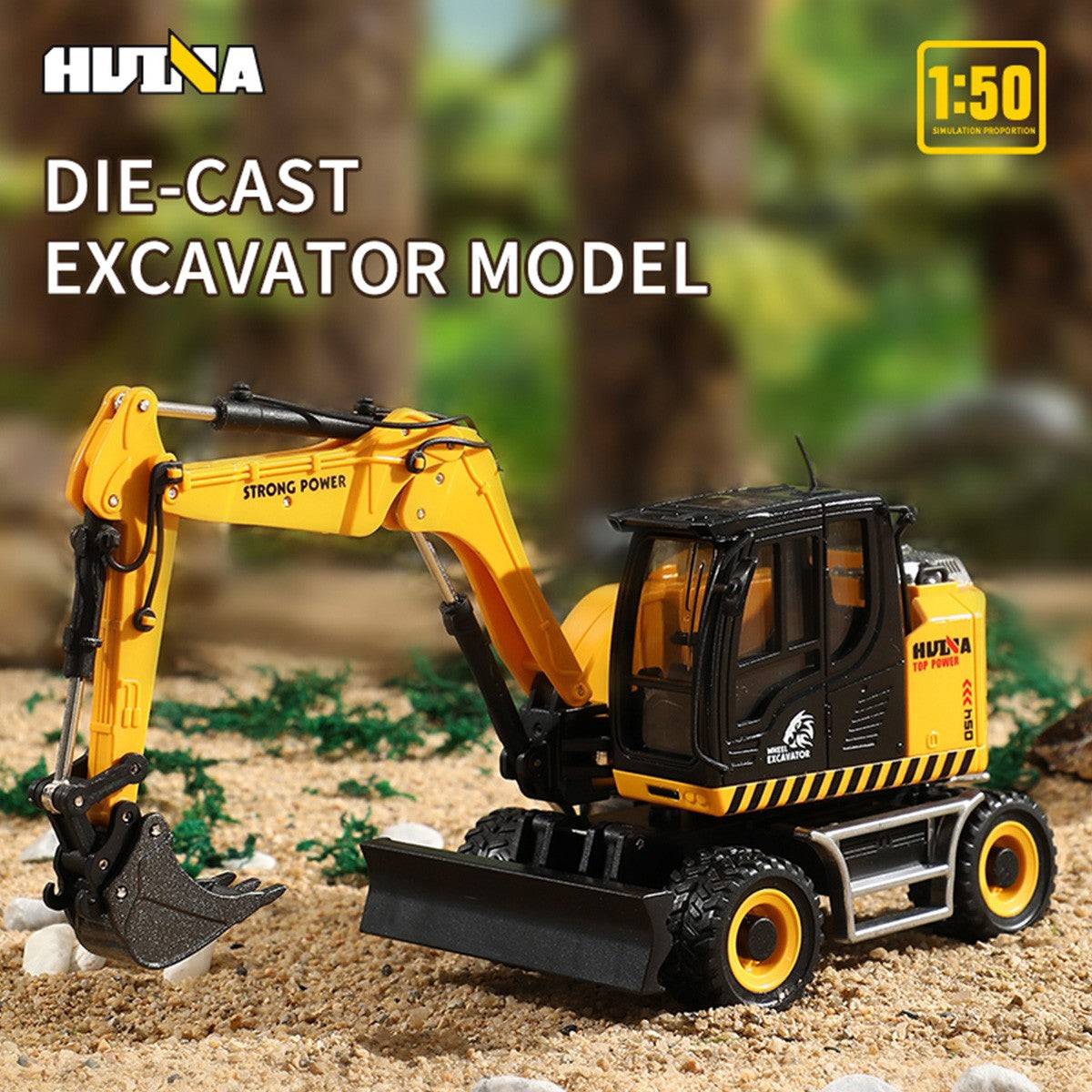 Huina 1725 1:50 Semi-Alloy Wheel Three-Section Arm Excavator Static Model