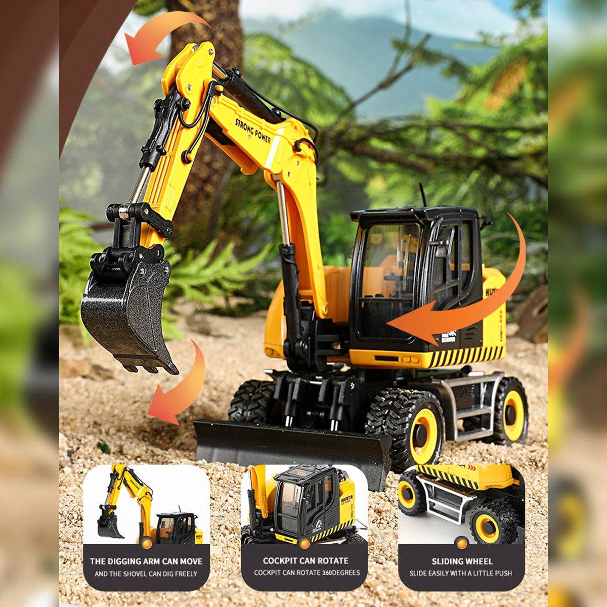 Huina 1725 1:50 Semi-Alloy Wheel Three-Section Arm Excavator Static Model