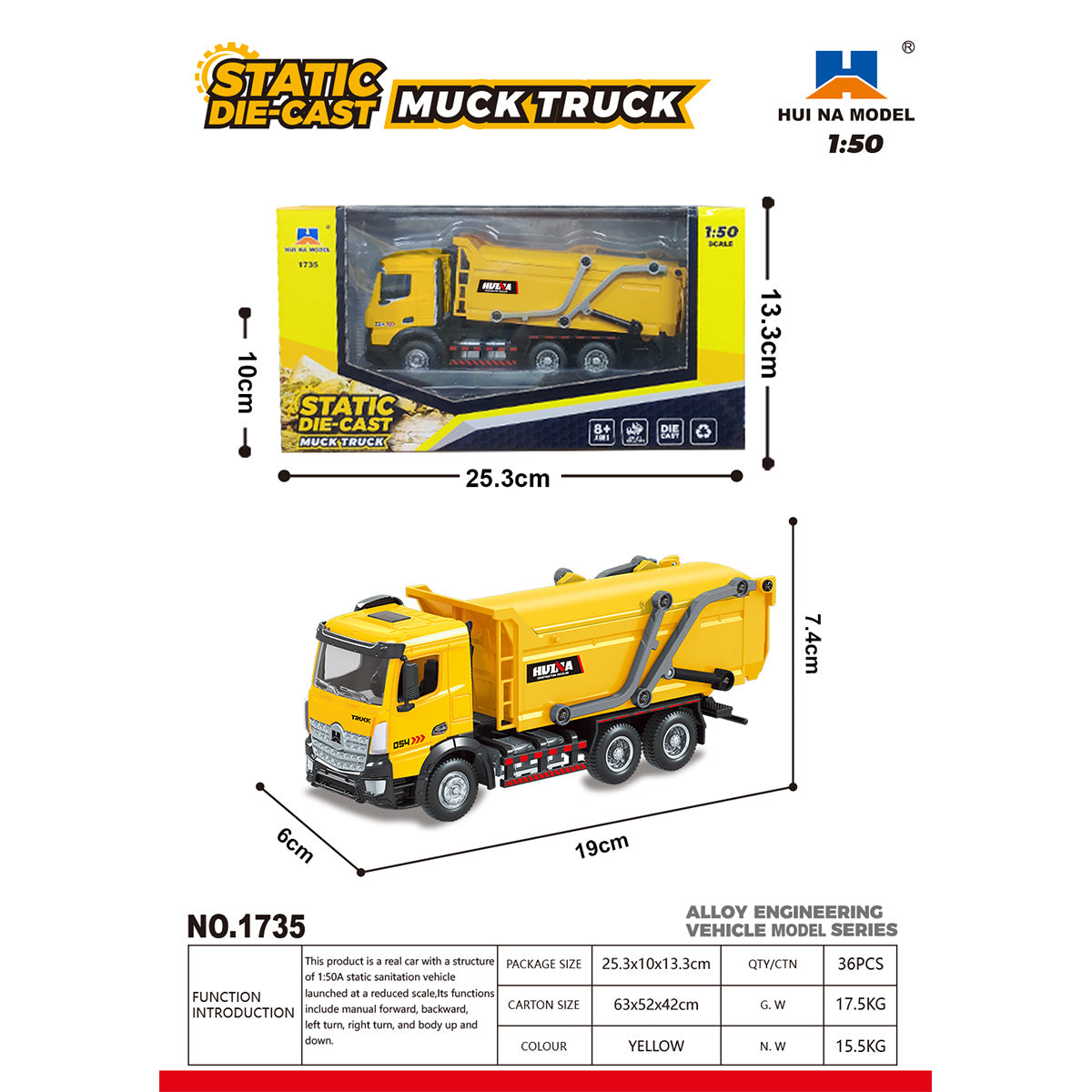 Huina 1735 1:50 Semi-Alloy Muck Truck Static Model