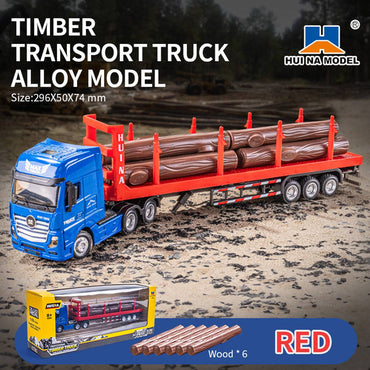 Huina 1750 1:50 Alloy Static Wood Transporter displayed on a rugged outdoor surface. Includes six wooden logs and a red trailer for realistic timber transport play.