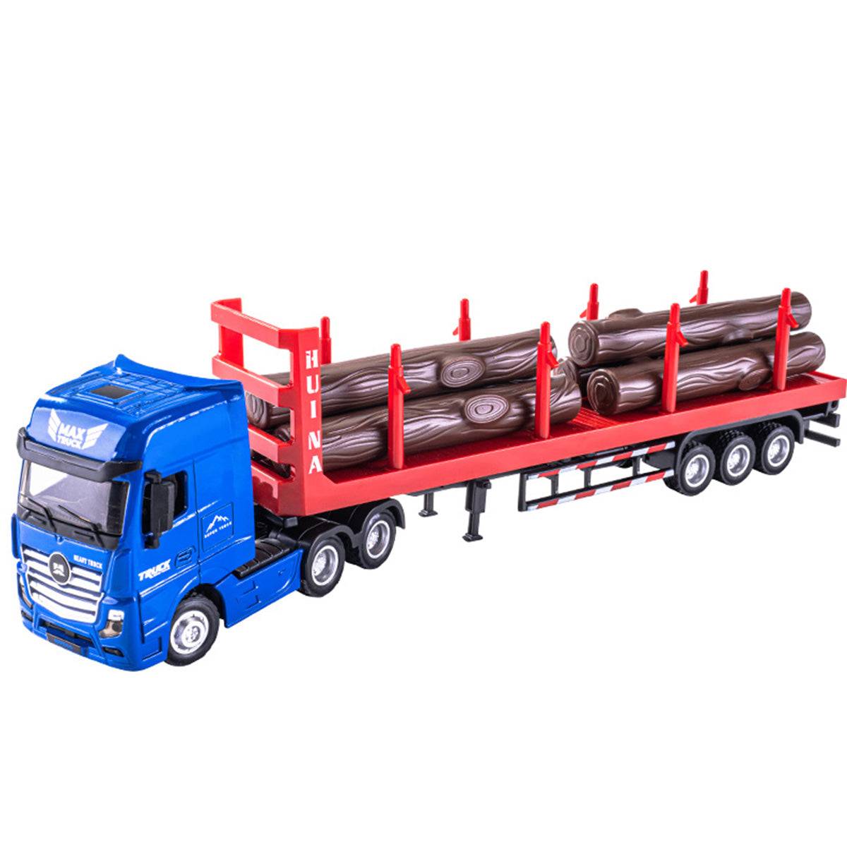 Huina 1750 1:50 Alloy Static Wood Transporter featuring a blue truck with a red trailer carrying realistic wooden logs. A detailed collectible toy truck model.