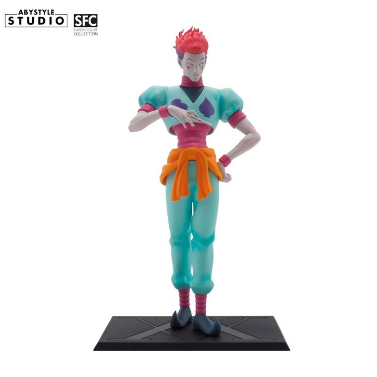 ABYstyle Studio Hunter x Hunter Hisoka SFC Figure 20cm featuring Hisoka in a dynamic pose with his signature card, standing on a black base.