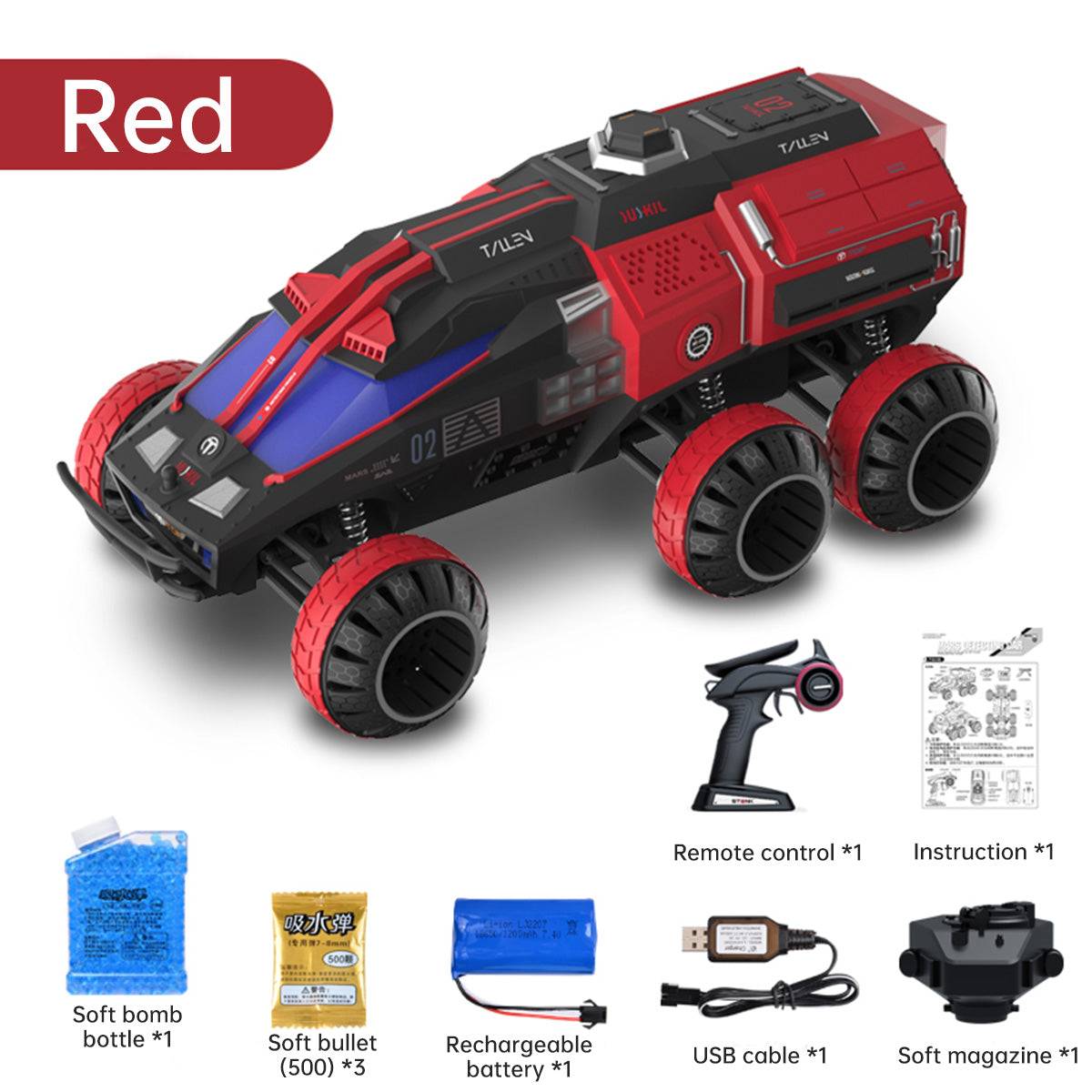 JJR/C Q118 Six-Wheel RC Space Mars Exploration Vehicle in red with included accessories such as remote control, USB cable, rechargeable battery, and soft bullets.