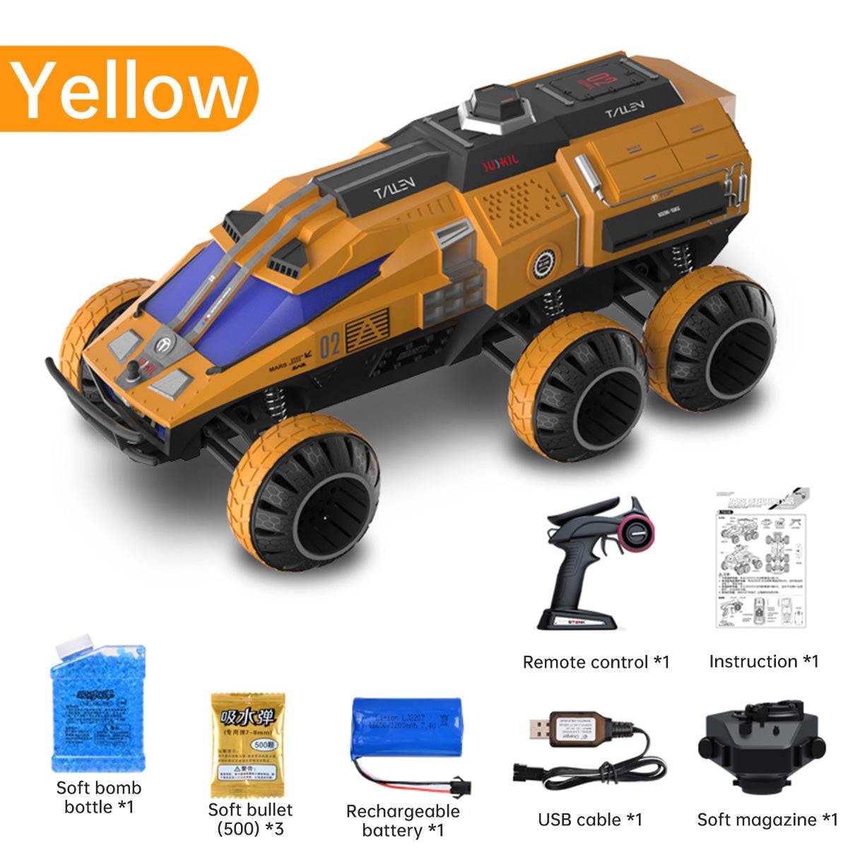 JJR/C Q118 Six-Wheel RC Space Mars Exploration Vehicle in yellow with accessories like remote control, USB cable, rechargeable battery, and soft bullets.