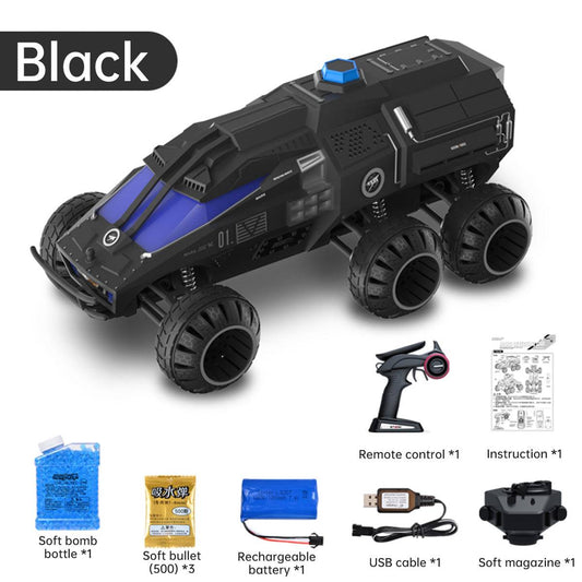 JJR/C Q118 Six-Wheel RC Space Mars Exploration Vehicle in black with accessories including remote control, USB cable, rechargeable battery, and soft bullets.