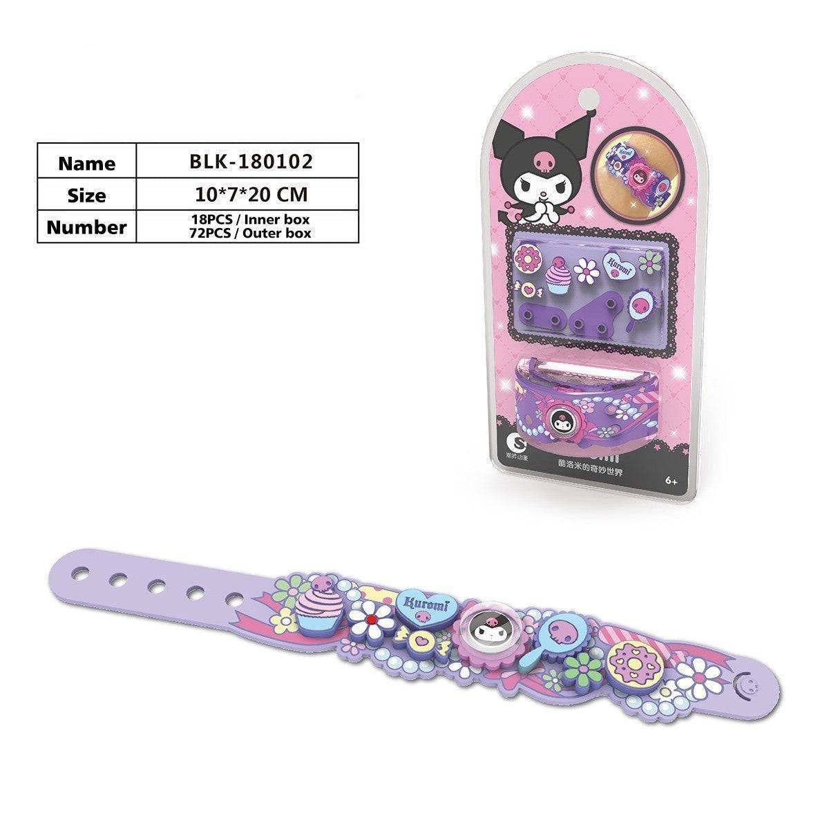 Sanrio Kids Building Block Bracelet Making Kit featuring Kuromi design. Includes customizable silicone bracelet with decorative building blocks.