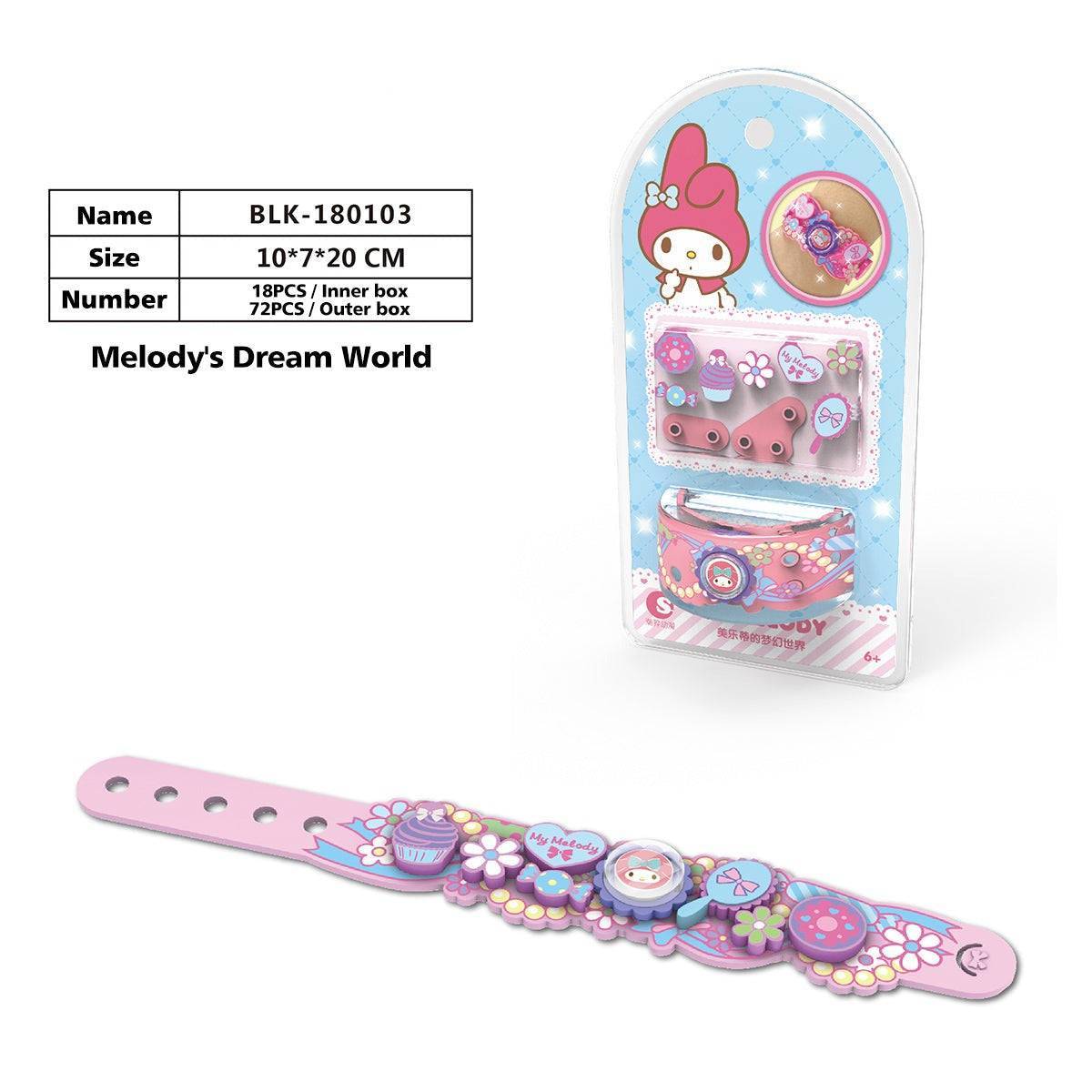 Sanrio Melody's Dream World Building Block Bracelet Kit. Features My Melody design with customizable silicone bracelet and charms.