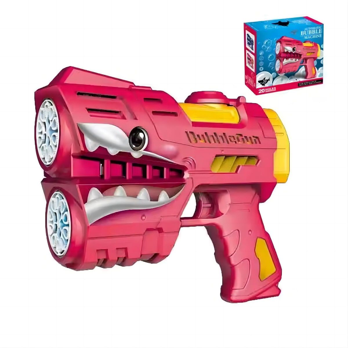 Kids Cartoon Automatic Twin 20 Hole Space Shark Bubble Gun in red with a fierce shark design and dual bubble-blowing nozzles.