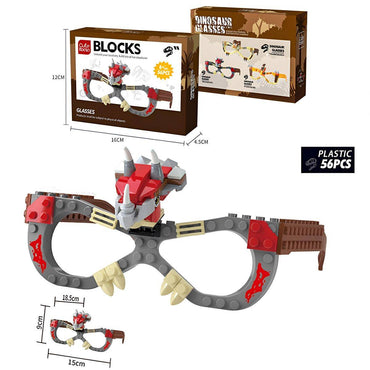 Dinosaur-themed Kids DIY Glasses Building Block Set with red and gray frames, featuring a triceratops design. Perfect for imaginative play and creativity.