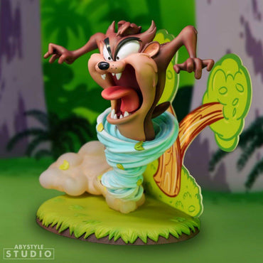 Looney Tunes Taz Figure by ABYstyle Studio, 12cm tall, showcasing Taz in a tornado effect with vibrant jungle scenery. Perfect for collectors.