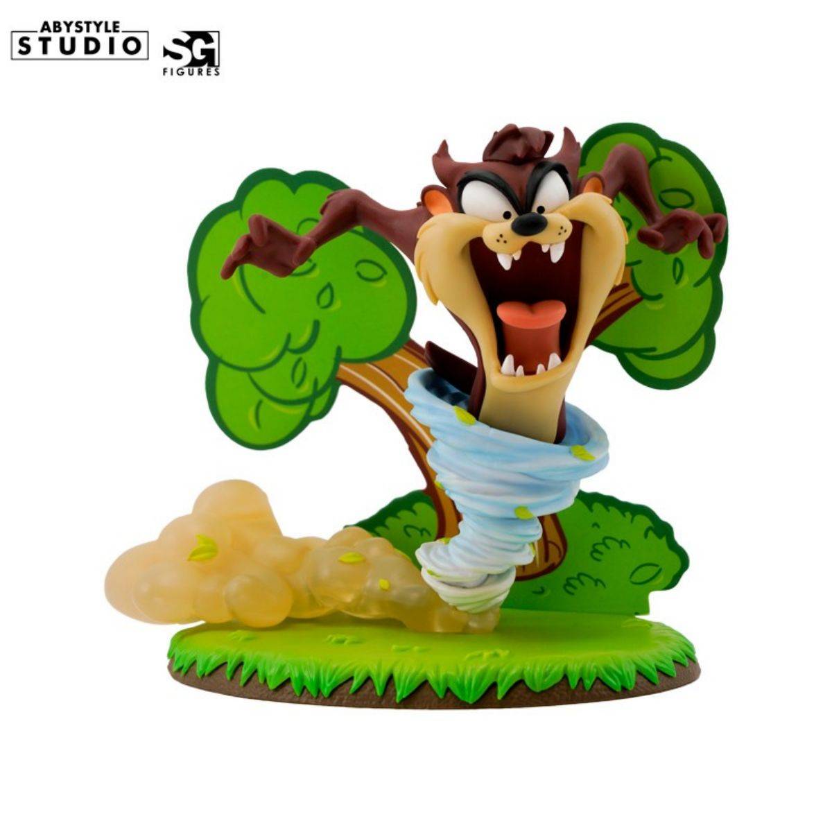 ABYstyle Studio Looney Tunes Taz Figure 12cm featuring Taz spinning in a whirlwind with a jungle backdrop. A dynamic collectible for fans.