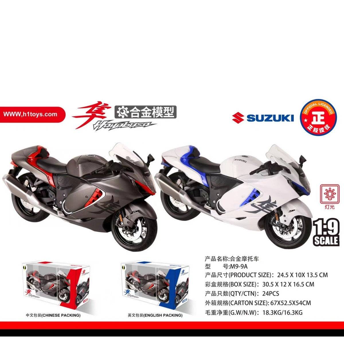 H1Toys Alloy Motorcycle Model of Suzuki Hayabusa in black and white variants, 1:9 scale die-cast toy motorcycles for collectors and kids.