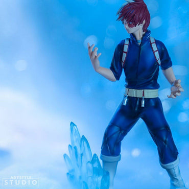 Shoto Todoroki SFC Figure by ABYstyle Studio, posed dynamically with ice effect in a blue-themed background.