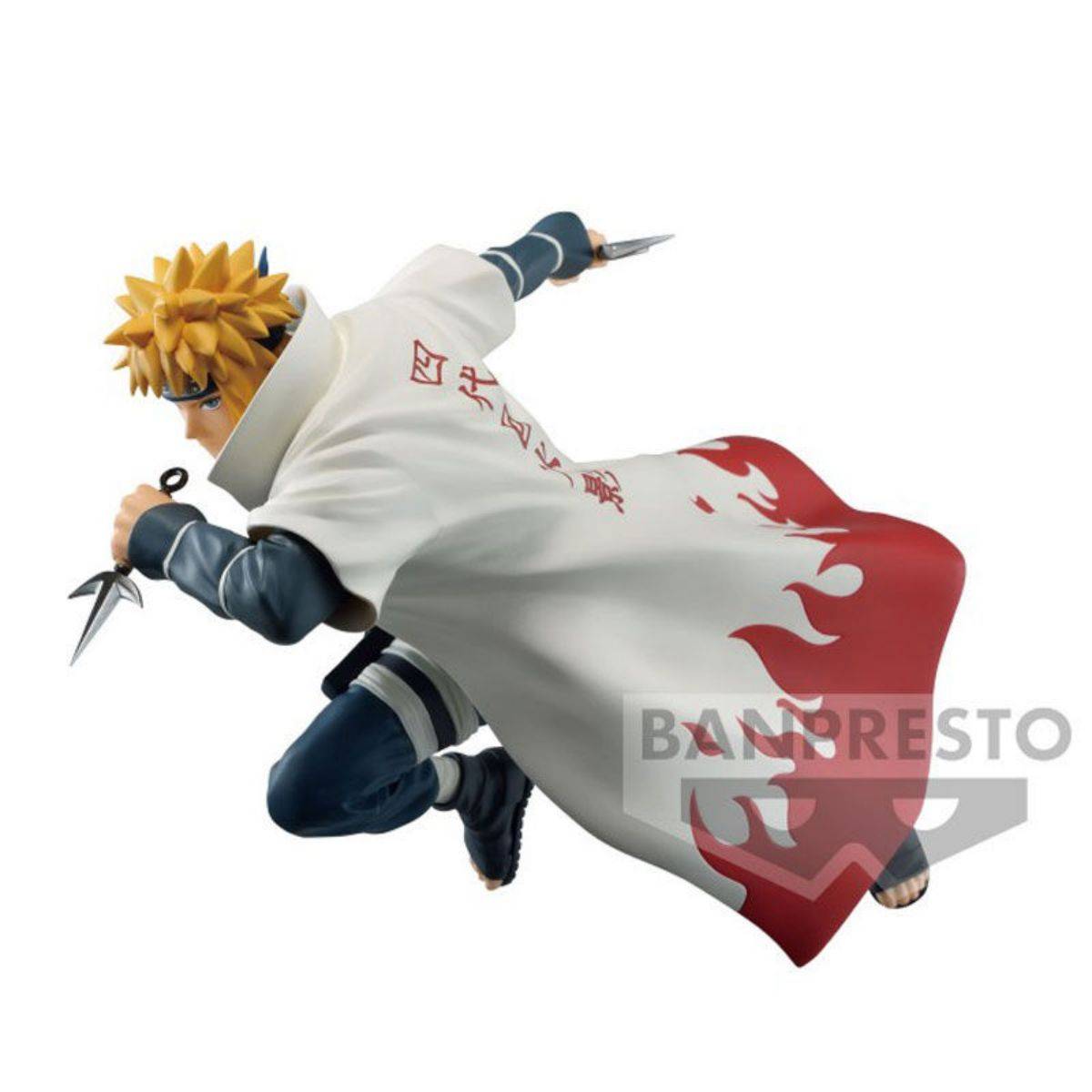 Naruto Shippuden Vibration Stars Minato Namikaze figure 18cm in dynamic pose, featuring Hokage cloak with flame design and kunai weapons.