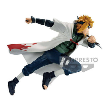 Banpresto Naruto Shippuden Minato Namikaze action figure 18cm, showcasing an intense battle stance with kunai and flowing Hokage cloak.