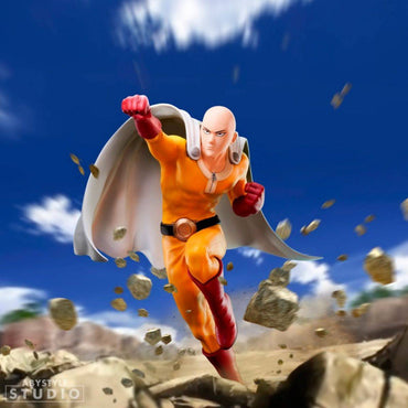 One Punch Man Saitama SFC Figure by ABYstyle Studio in an action-packed scene with rocks flying, showcasing his immense power.