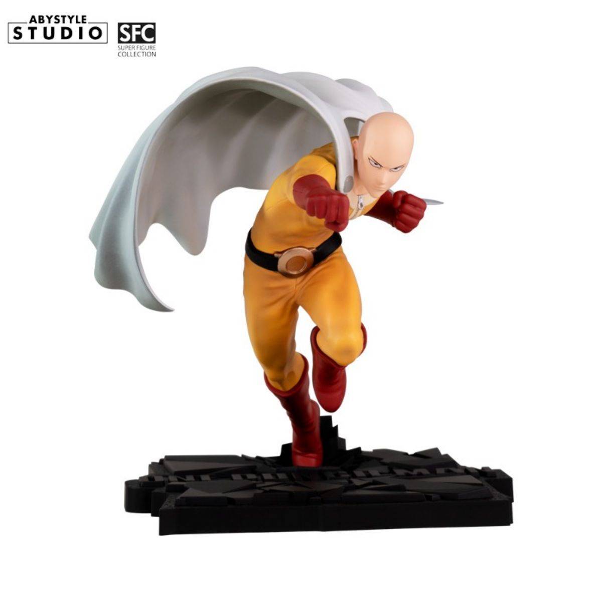 ABYstyle Studio One Punch Man Saitama SFC Figure 16cm in dynamic pose, featuring a detailed sculpt with cape flowing and impact base.