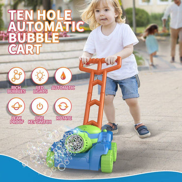 Child playing with the P099 Kids Bubble Lawn Mower Bubble Blower, producing rich bubbles with LED lights, perfect for outdoor activities.