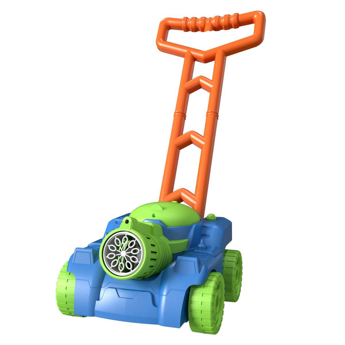 P099 Kids Bubble Lawn Mower Bubble Blower with 10-hole automatic bubble output, bright LED lights, and colorful design for outdoor fun.